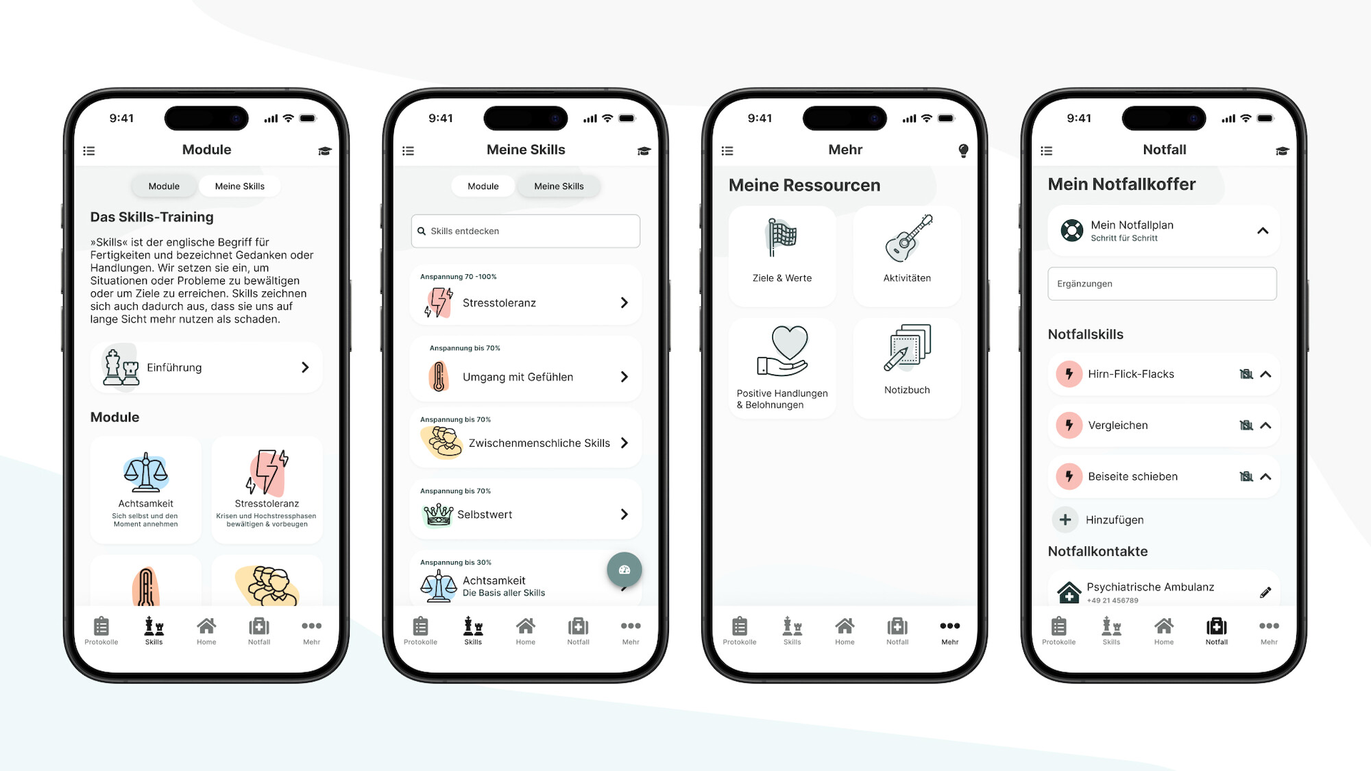 Die Hauptbereiche A: Module der DBT, die eigene Skills-Liste, Ressourcen und der Notfallkoffer