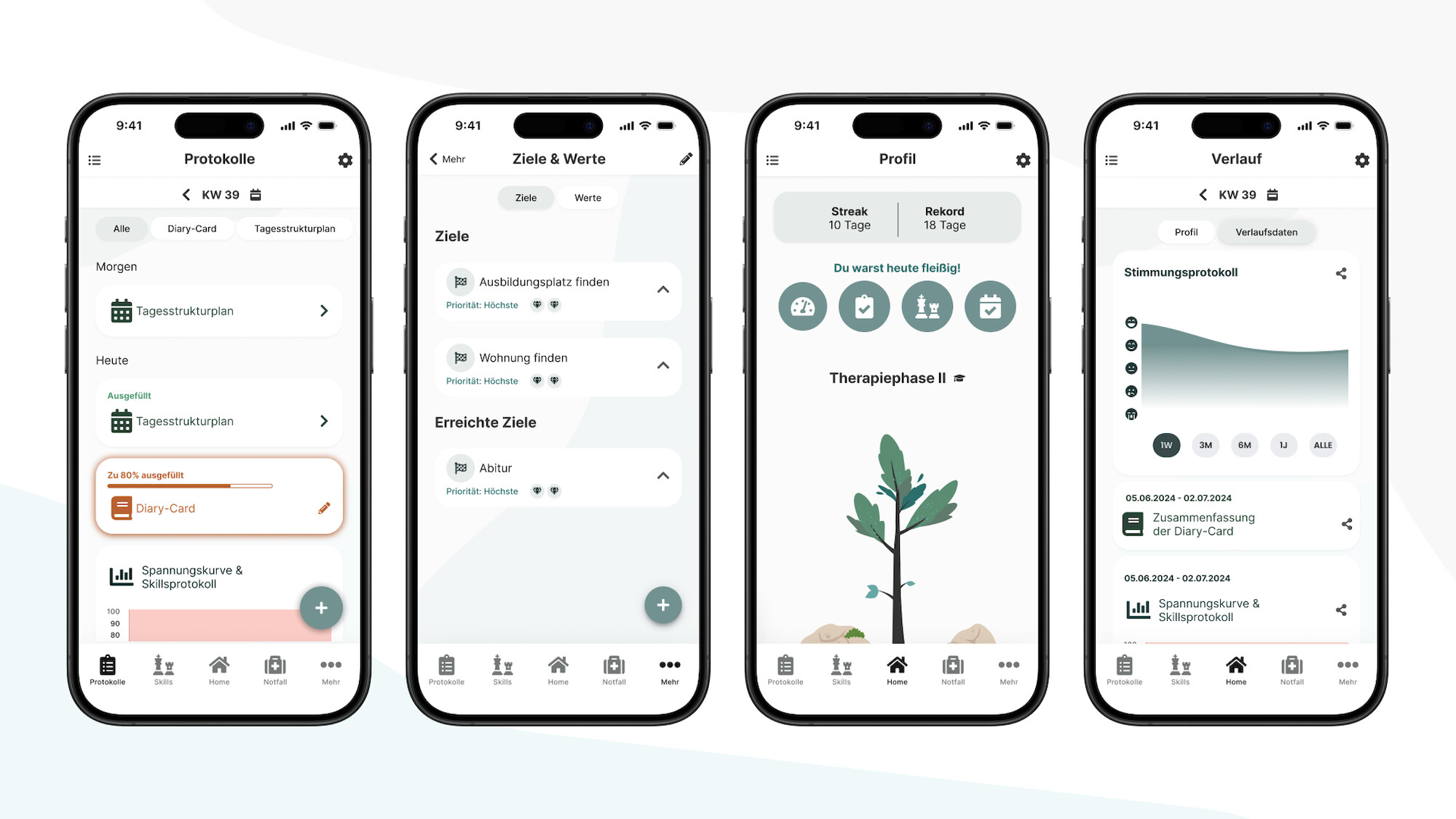 Die Hauptbereiche B: Protokolle (Spannungs- und Skillsprotokoll, Diary-Card und der Tagesstrukturplan), das Profil sowie individuelle Verläufe und der Datenaustausch mit Therapeut*innen