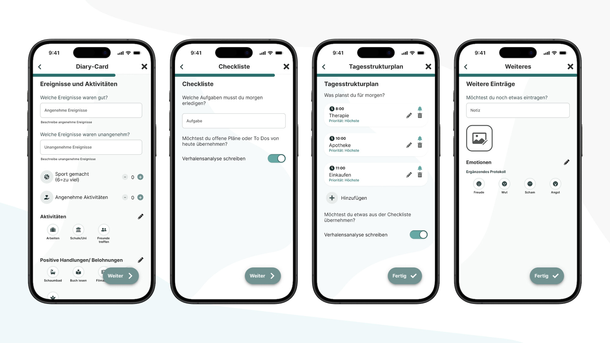 Die individualisierbare Diary-Card B: inkl. Tagesstrukturplan und der Fotoauswahl z.B. für das Nahrungsprotokoll der DBT-E